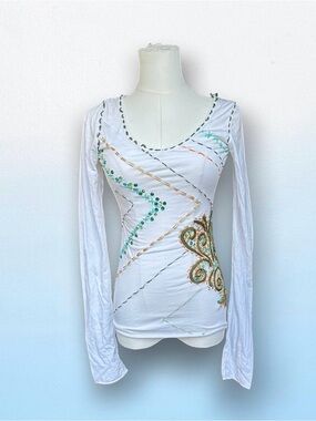 White Long-Sleeve Embellished Women's Top